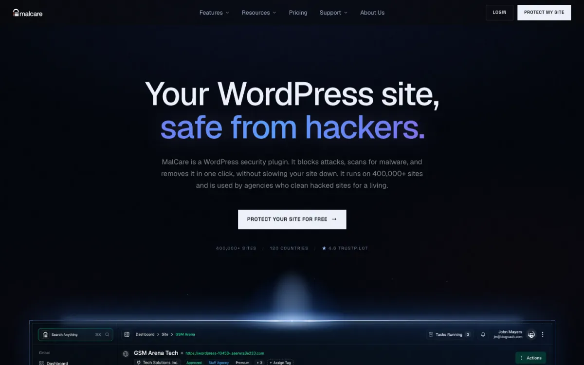 MalCare homepage with the headline Your WordPress site, safe from hackers, and a Protect your site for free button.
