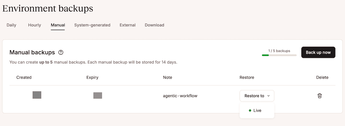 The Backups screen within MyKinsta showing manual backups complete with notes and tags.