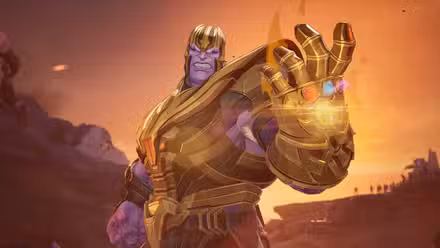 Thanos posing dramatically with the Infinity Gauntlet.