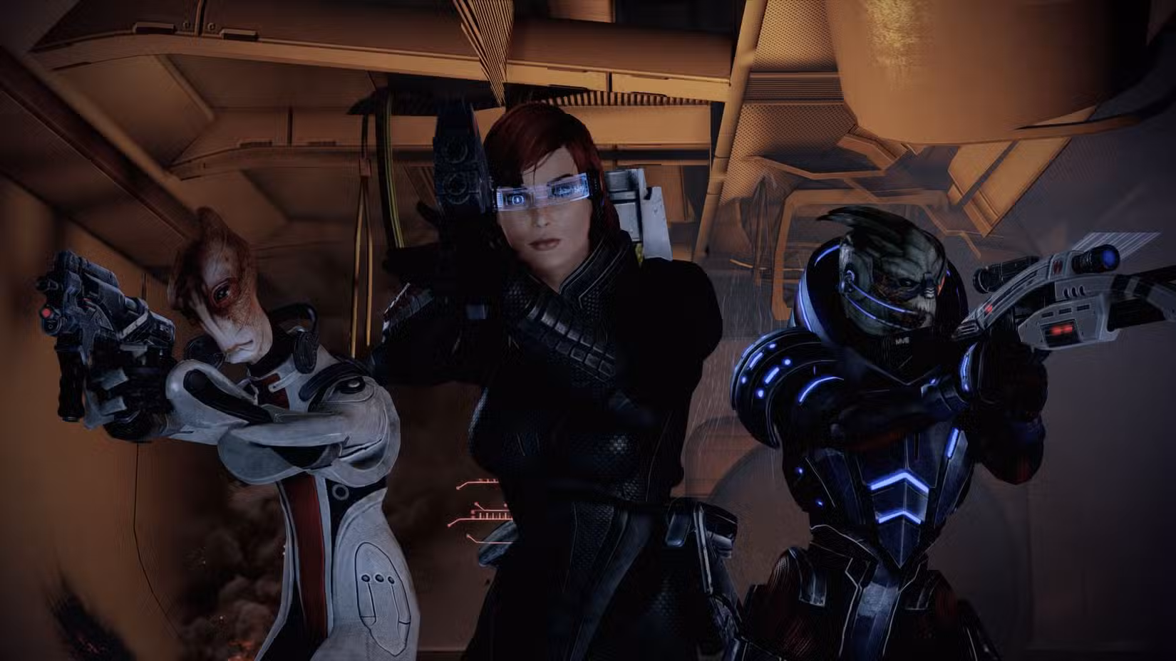 Mass Effect 2 Screenshot with Mordin Solus, Commander Shepard, and Garrus Vakarian