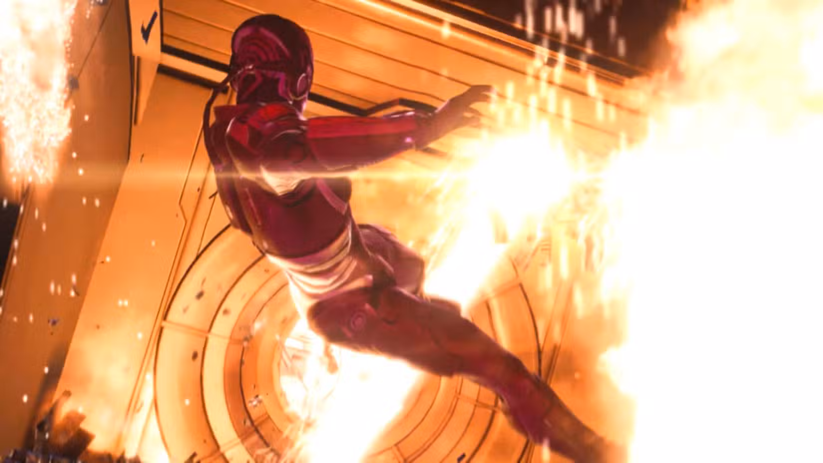 Mass Effect 2 Shepard floating in the destruction of the Normandy as it explodes around him