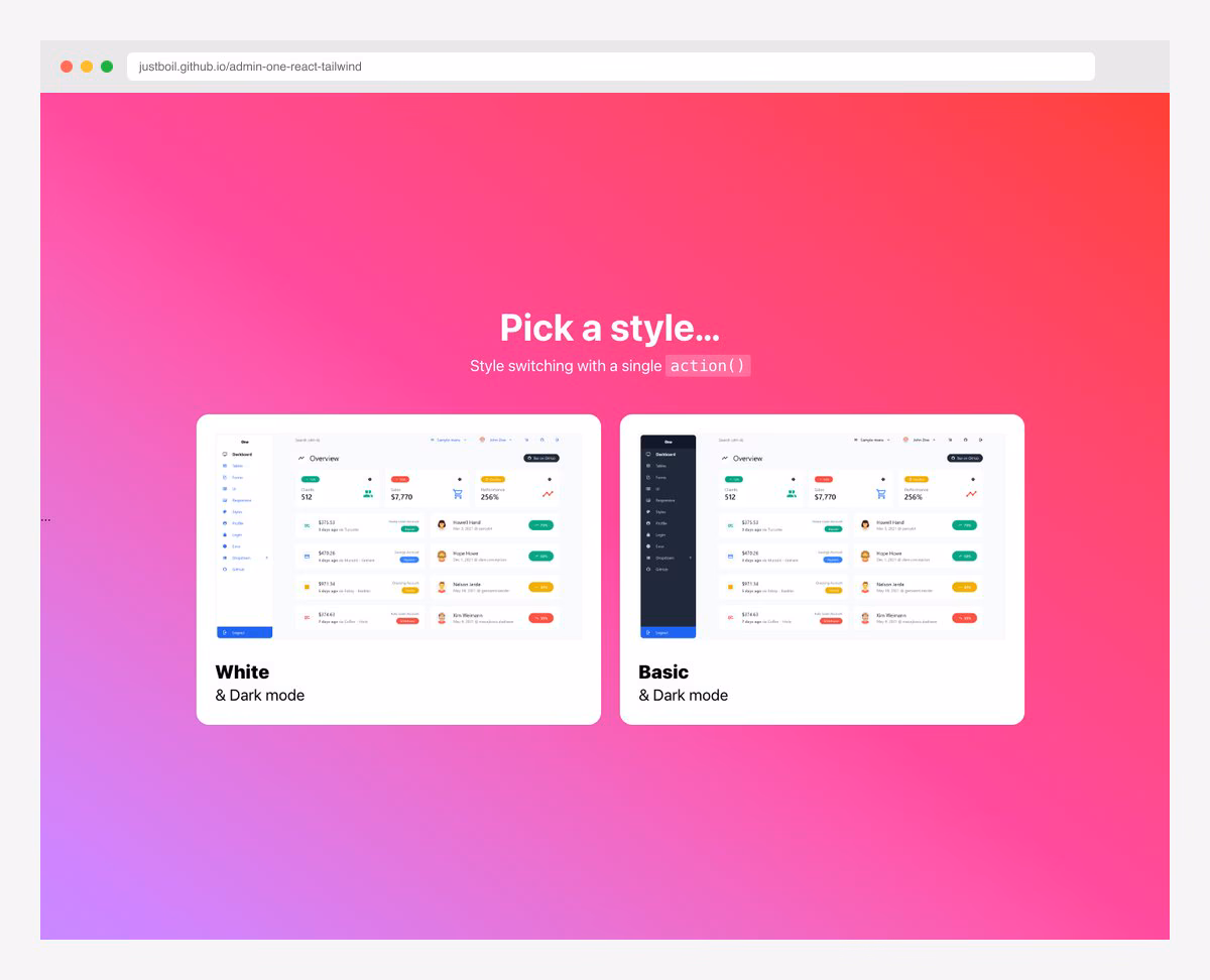 Admin One React Tailwind dashboard with dark mode and Tailwind CSS v4 support