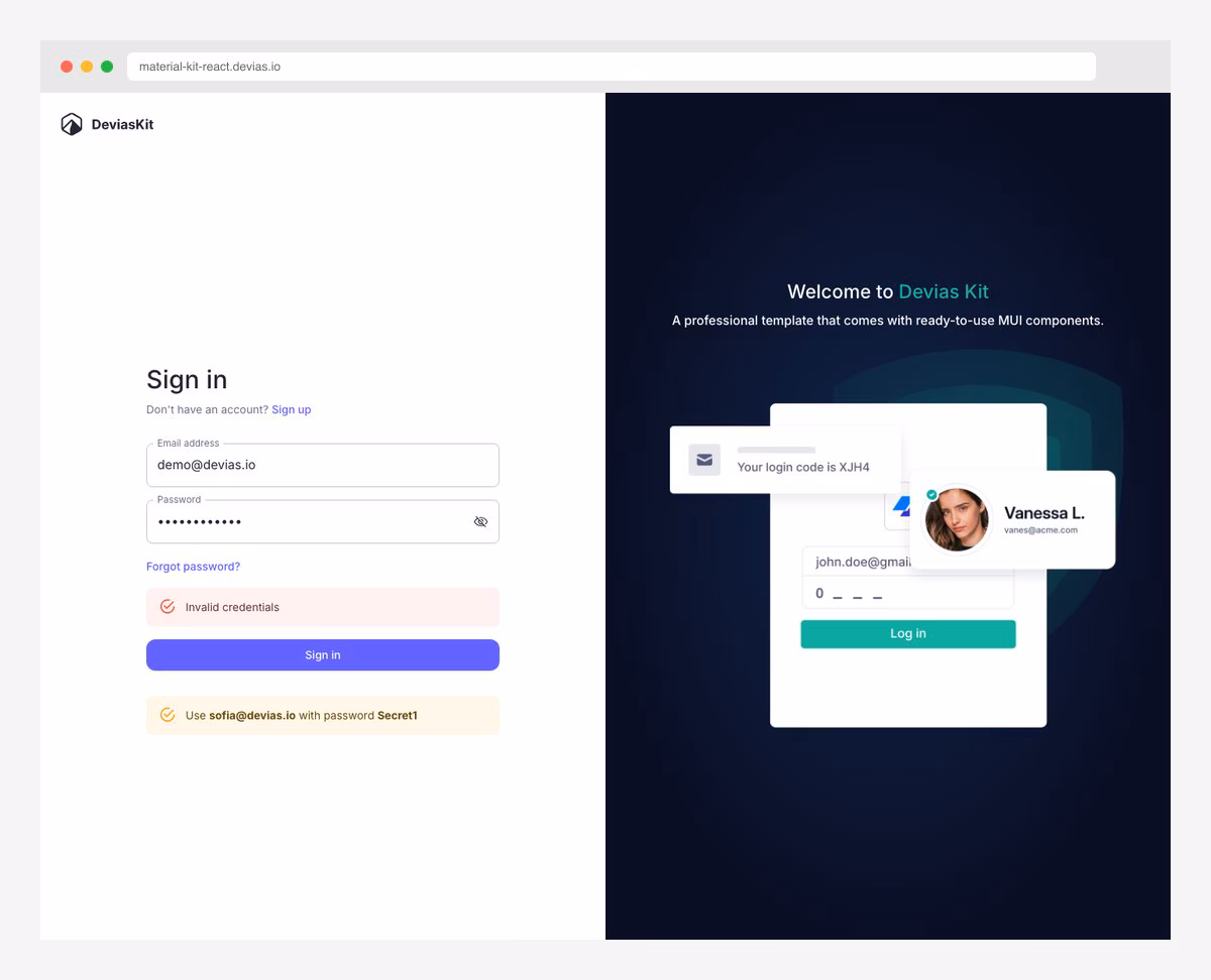Devias Kit MUI Next.js admin dashboard with customer management and integrations pages
