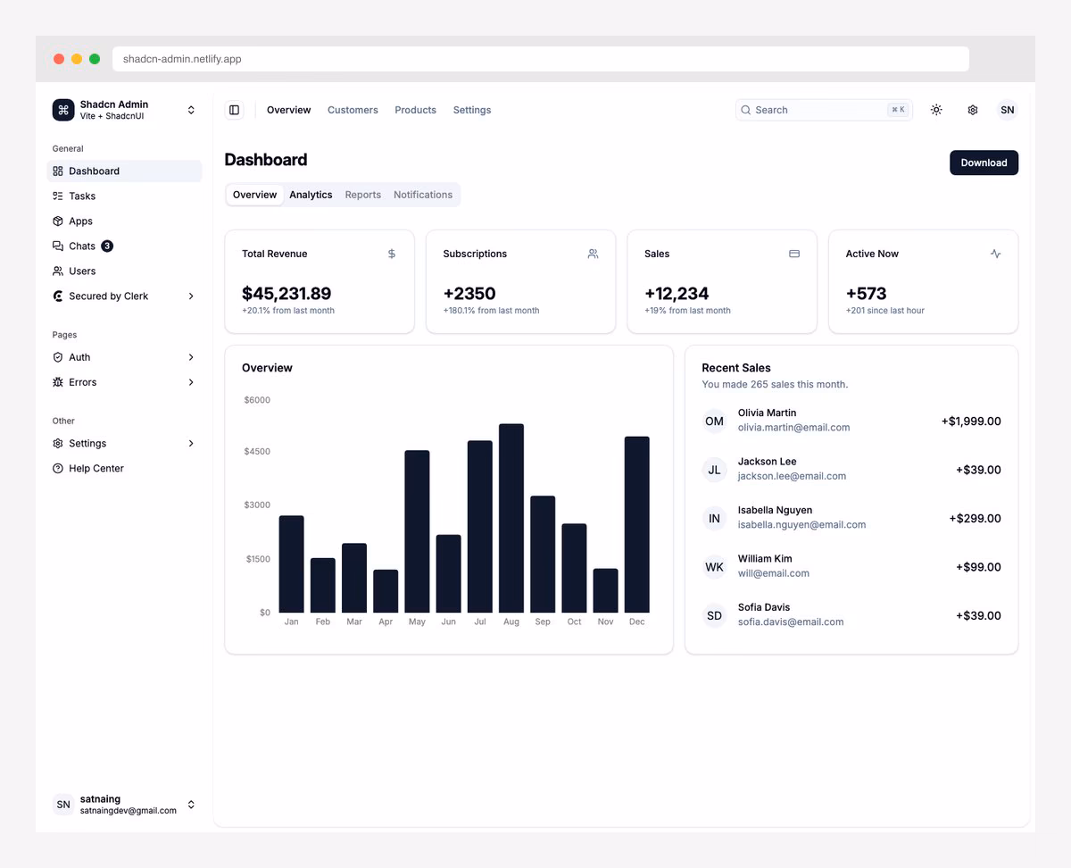 Next.js Shadcn Admin Dashboard by arhamkhnz with modern UI components and data tables