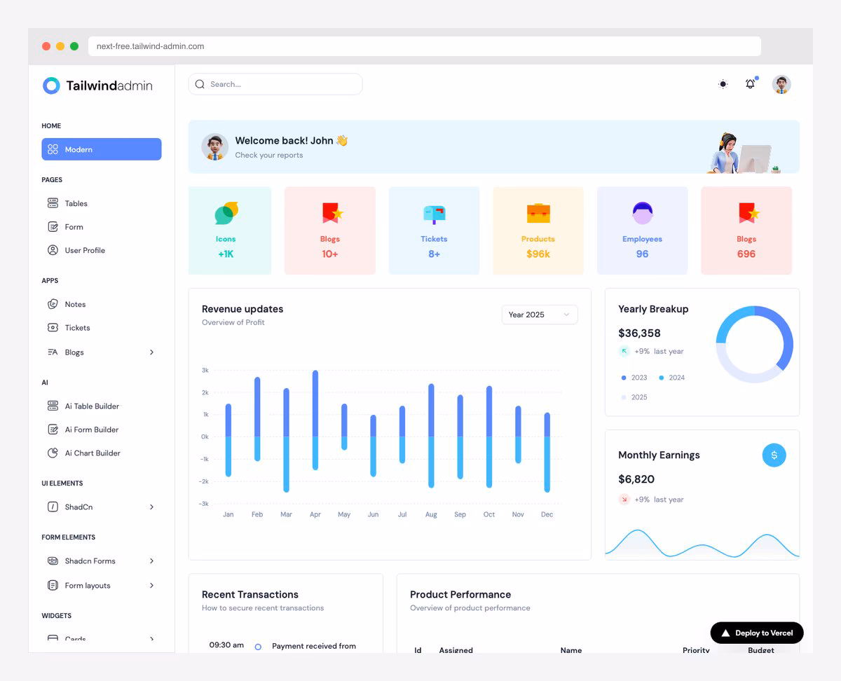 Tailwind Admin multi-framework dashboard template supporting Next.js, React, Angular, and Vue