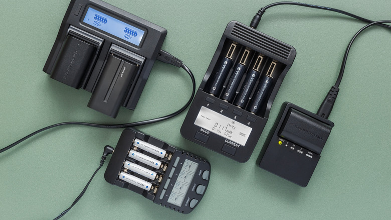 various batteries on chargers