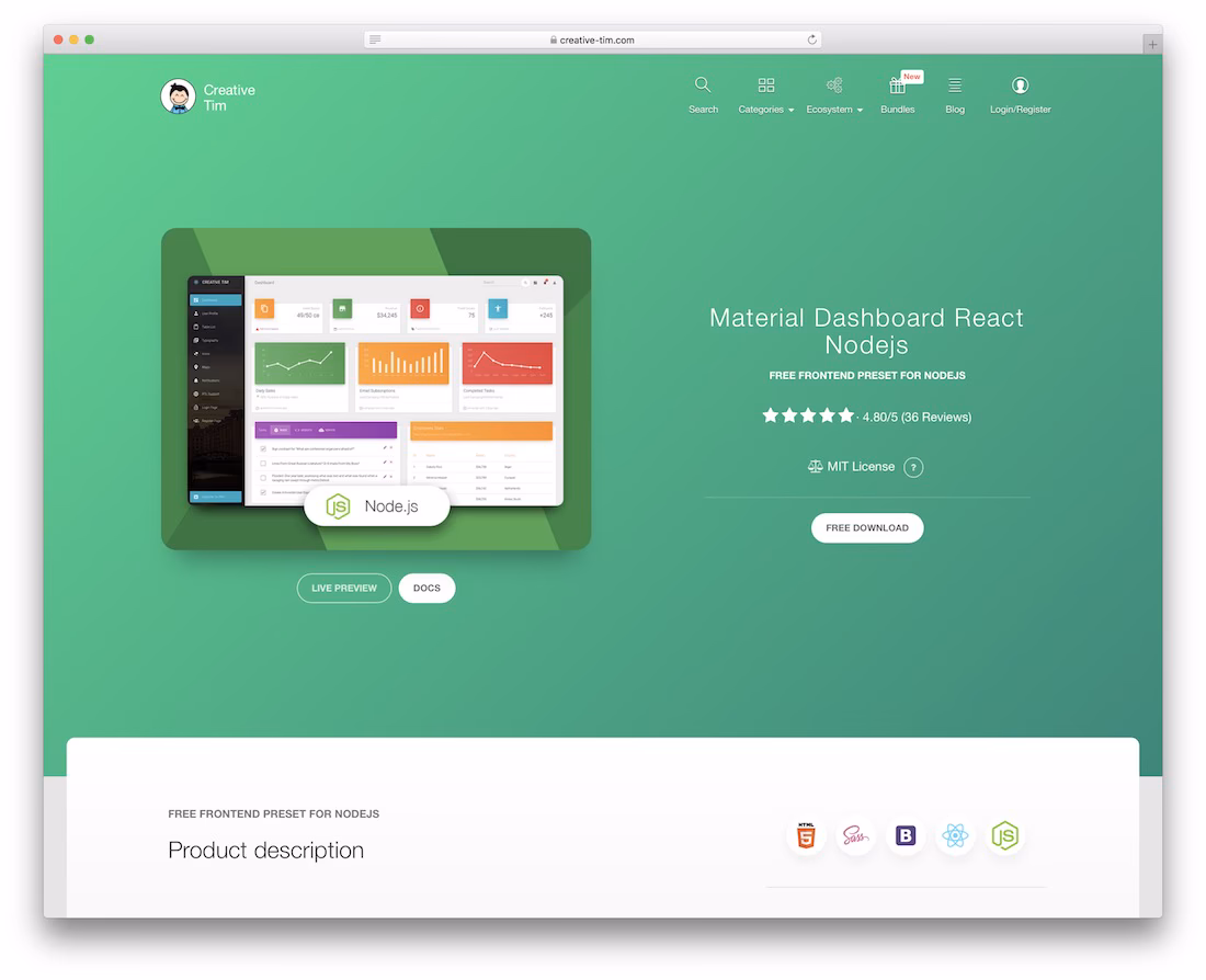 Material Dashboard React Node.js - Free full-stack React admin template