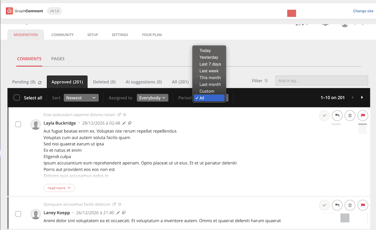 The GraphComment Moderation queue filters.