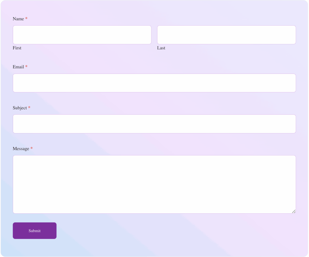 Formidable Forms Modern Pastel Style -  Soft gradient purple background with white, black, and dark purple accents.