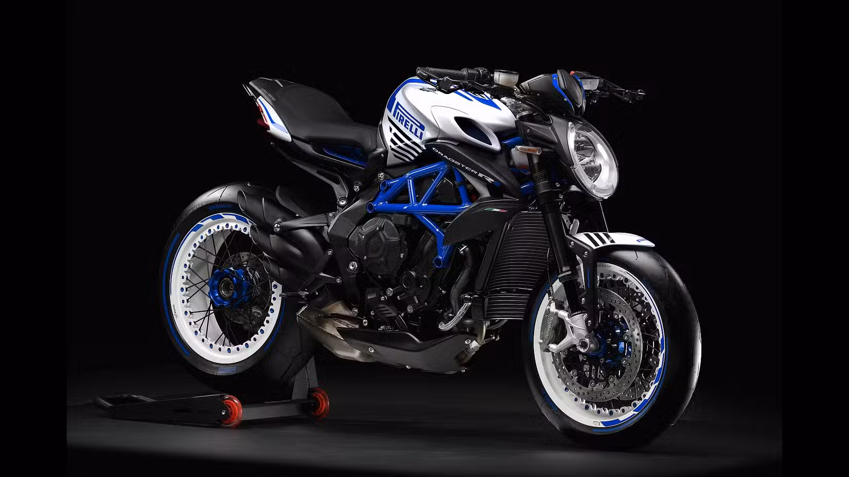 Stuid shot of front right 3q of blue and white MV Agusta Dragster 800