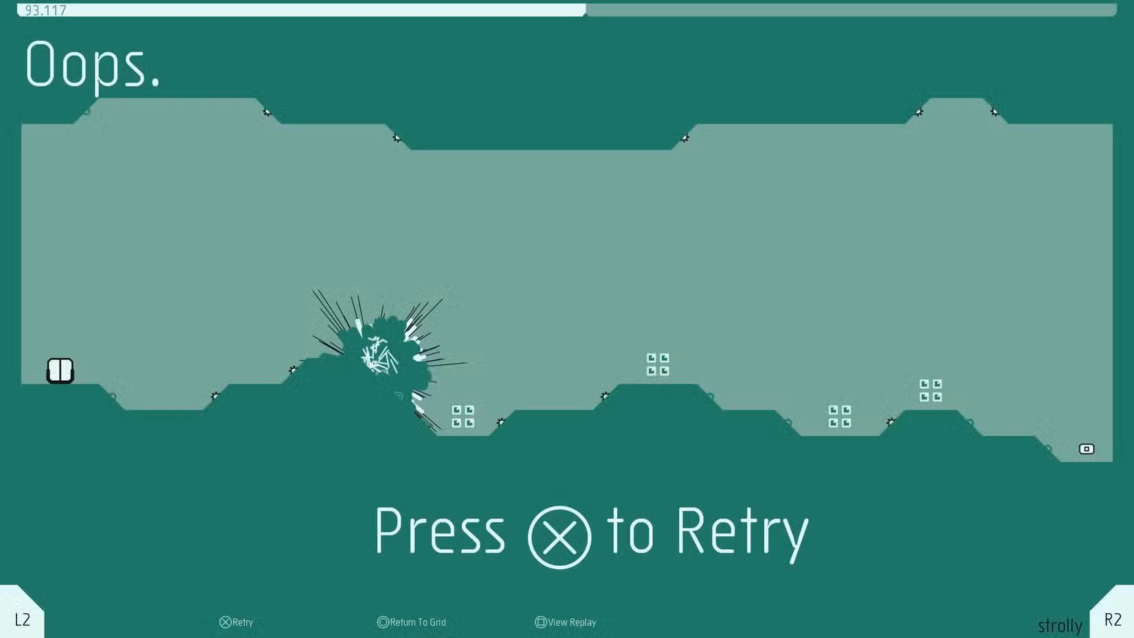 An N++ screenshot depicts the screen that appears to let players retry after a failed attempt.