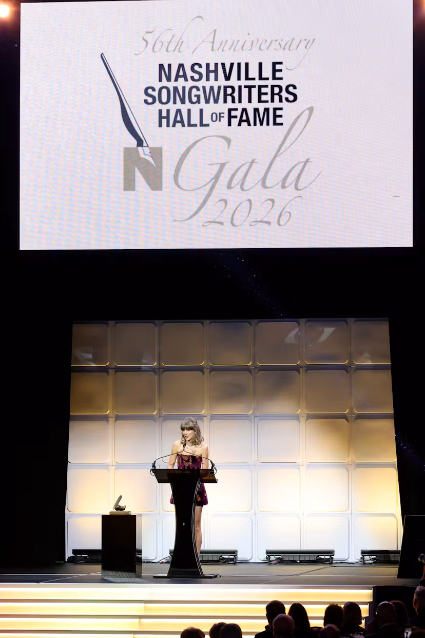 Taylor Swift speaks onstage during the 56th Nashville Songwriters Hall Of Fame Gala