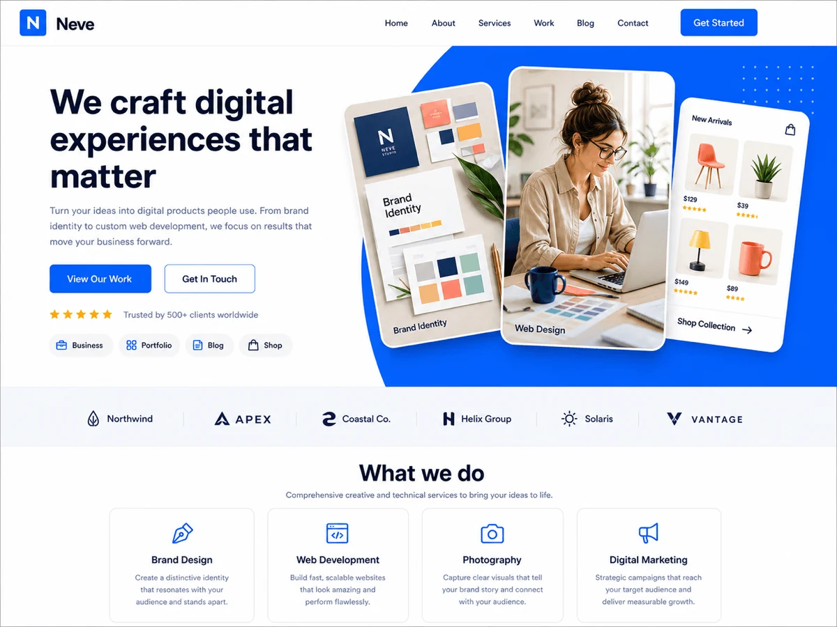 Neve theme preview with a blue-and-white agency homepage and website design examples.