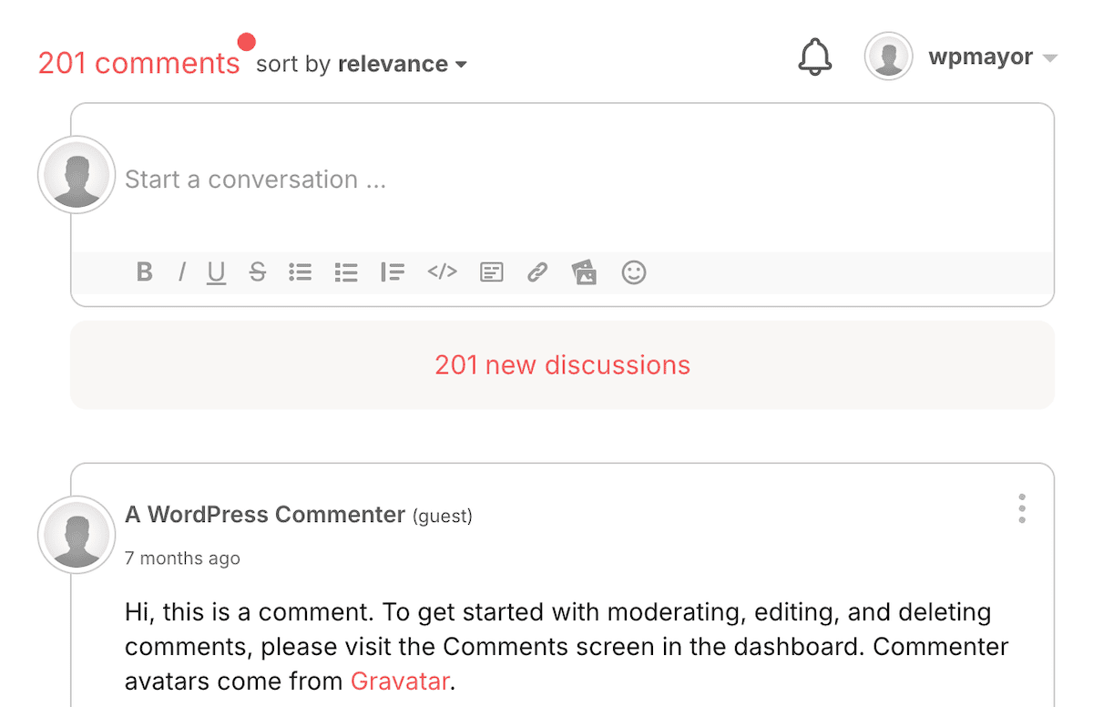 The GraphComment widget showing new discussions to read on the front-end of a website.