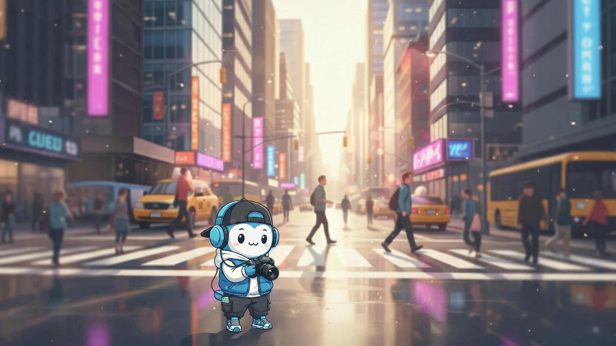 A blue alien named Nova in a big city in street cloths. He’s holding a camera, wearing headphones, and has a phone in his pocket.