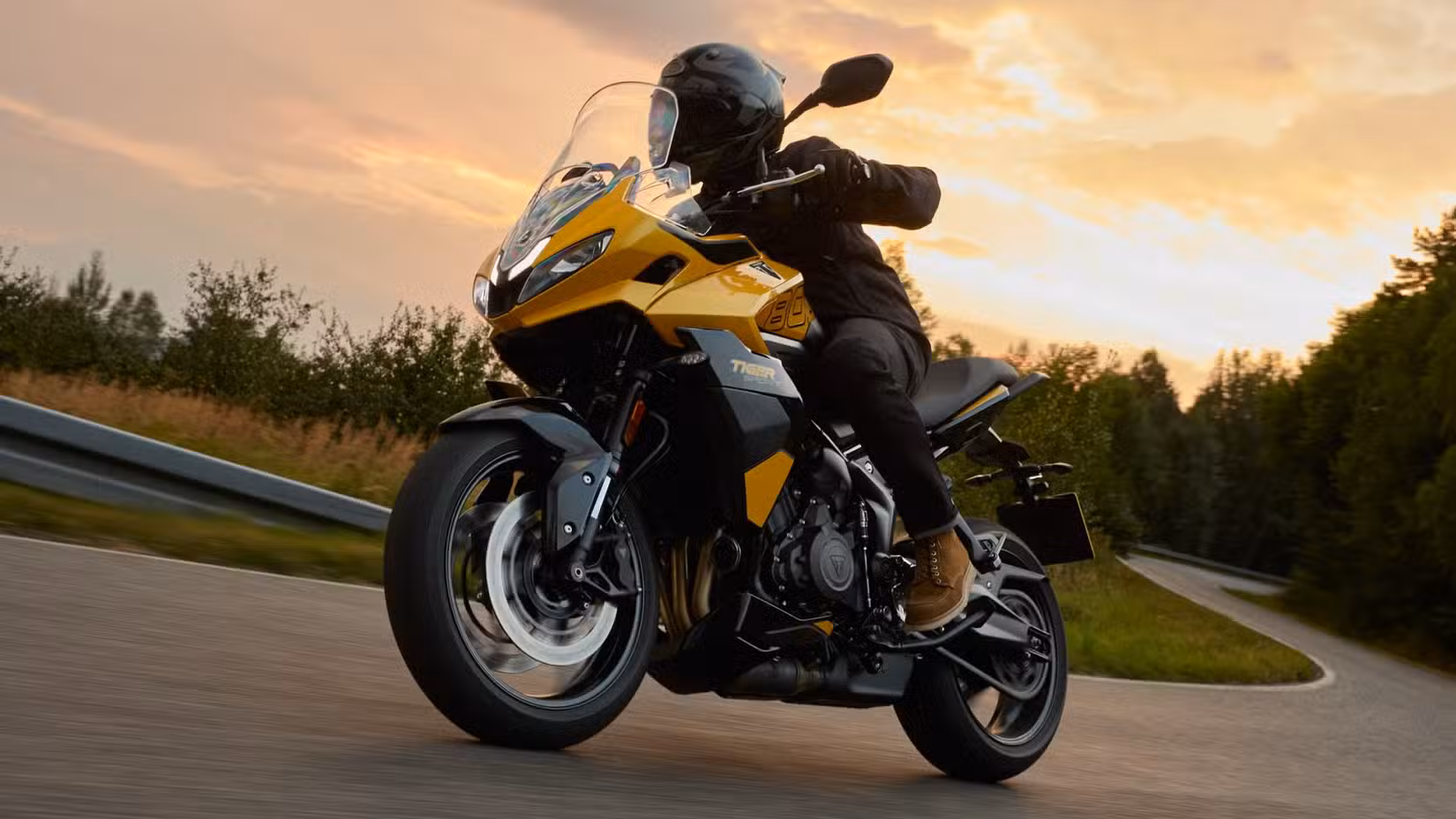 Action shot of a Triumph Tiger Sport 800 cornering on a winding road