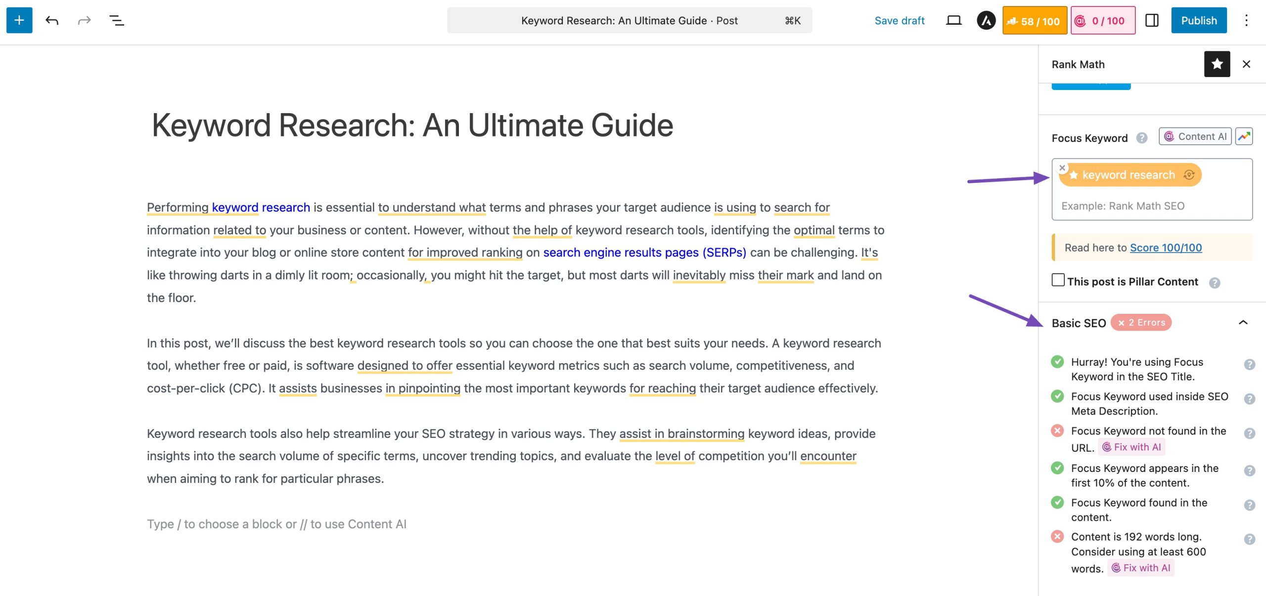 on-page analysis in Rank Math