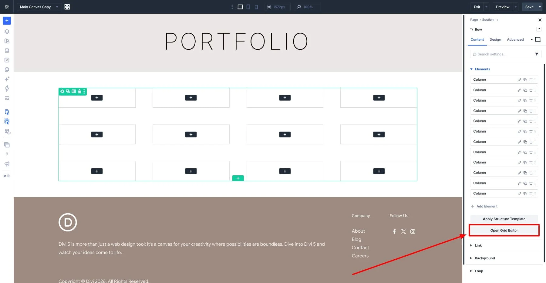 Opening the Grid Editor from the Row settings