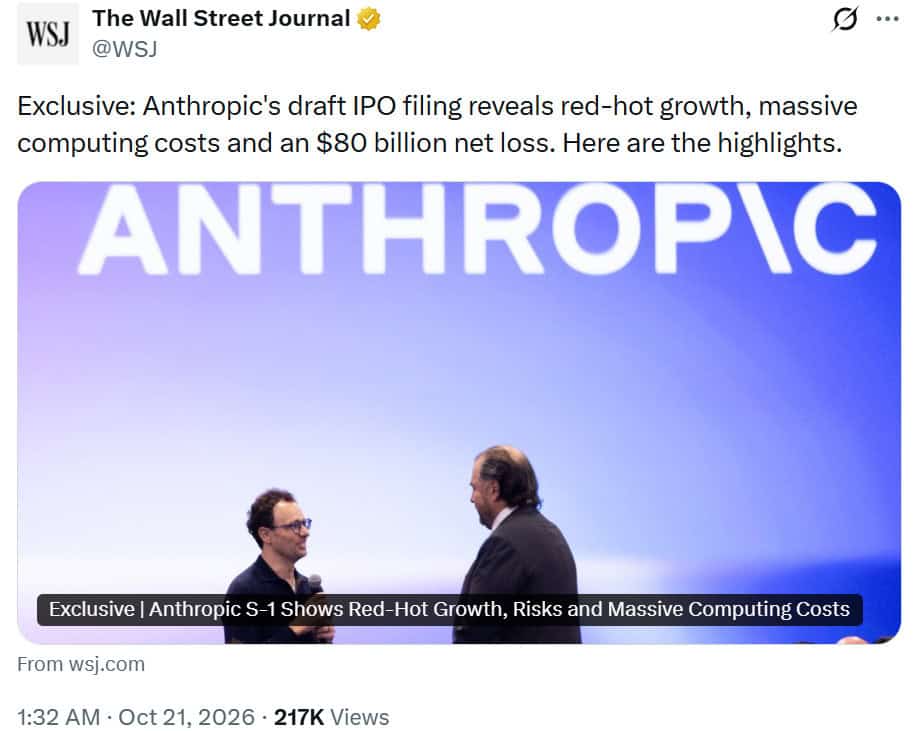 Anthropic’s draft IPO filing reports $16.3 billion in H1 2026 revenue and an $80.7 billion net loss