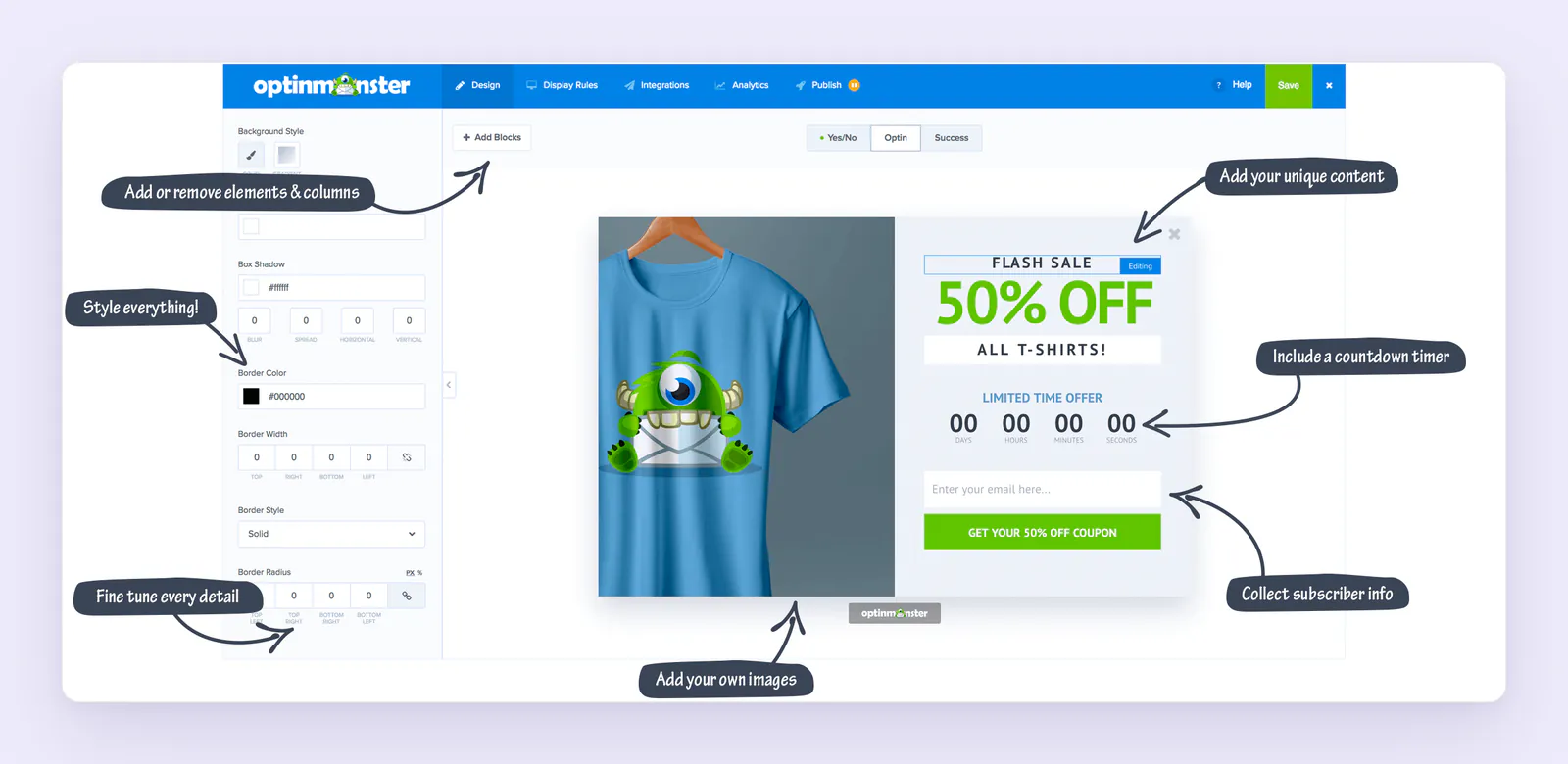 OptinMonster drag-and-drop campaign builder editing a popup with an email field, countdown timer, and coupon button.
