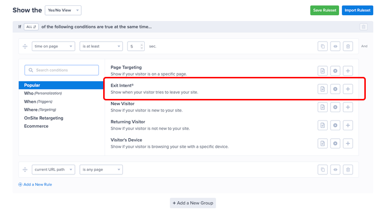optinmonster exit intent targeting settings in admin dashboard