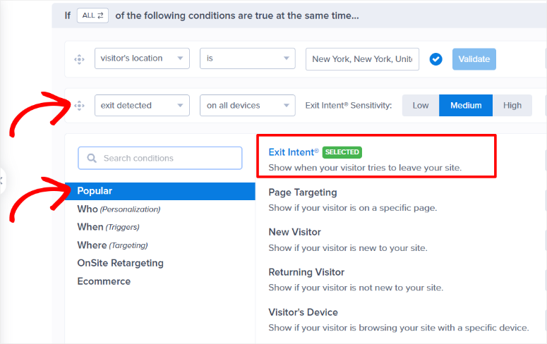 OptinMonster exit intent popup