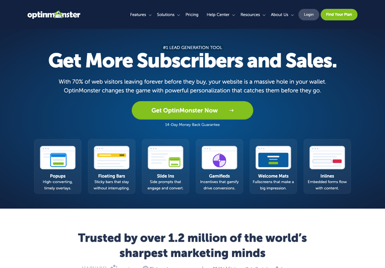 Hero banner for OptinMonster: bold 'Get More Subscribers and Sales' on a blue gradient with a bright green 'Get OptinMonster Now' CTA button.