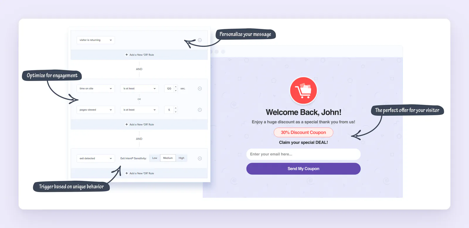 OptinMonster display rules targeting returning visitors, time on site, pages viewed, and exit intent, next to a personalized coupon popup.