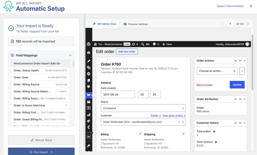 order mapping preview WP Admin view