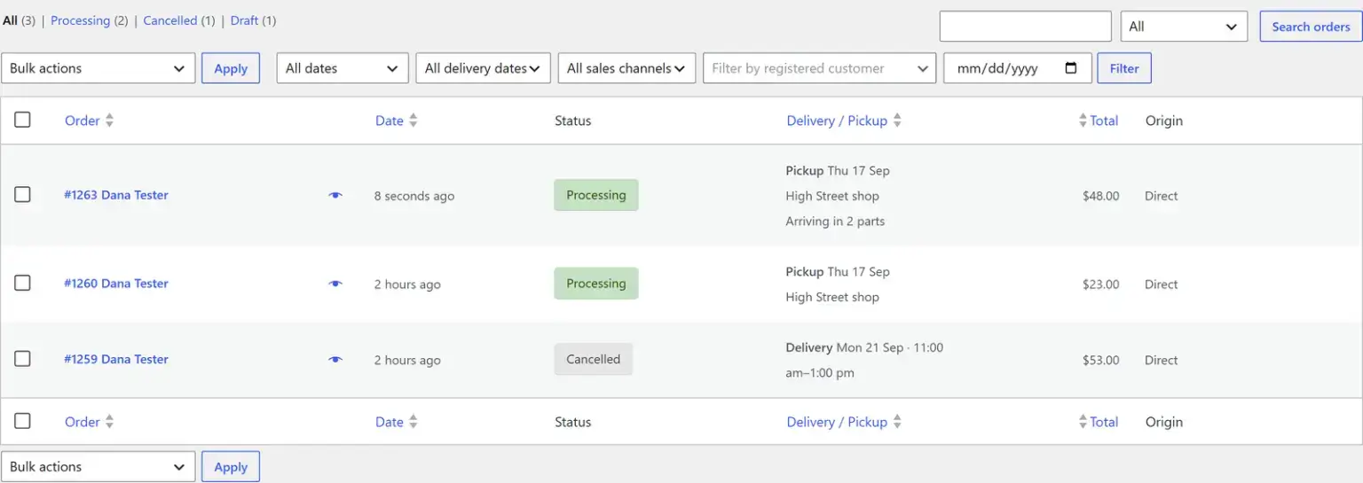 Filter orders by delivery date directly from your WooCommerce orders list.