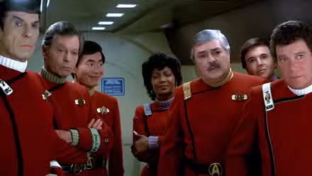 The original bridge crew, aboard a shuttle and heading to the USS Enterprise in Star Trek II: The Wrath of Khan.