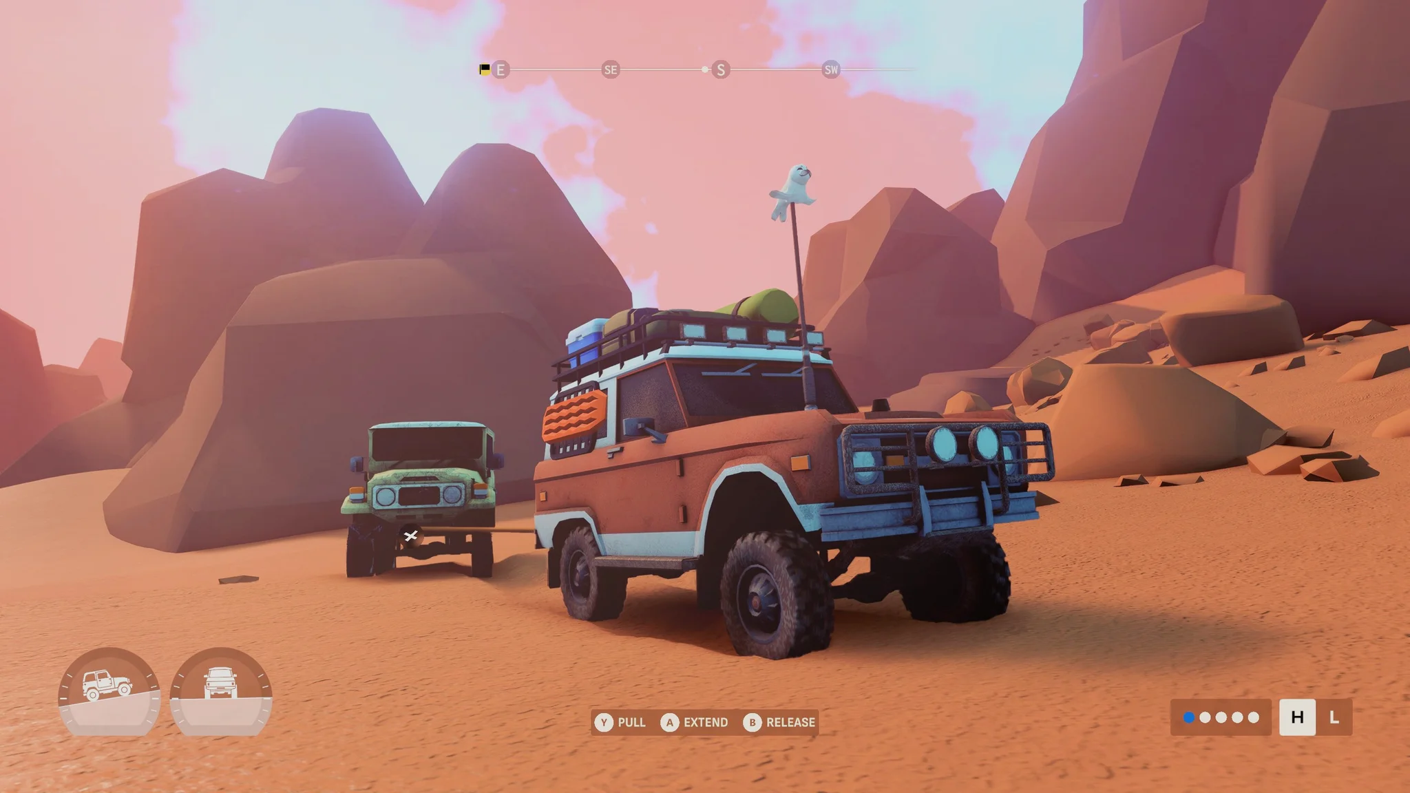 A jeep tows another in Over the Hill.