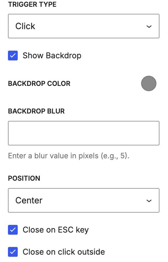 position and close options for overlay panels