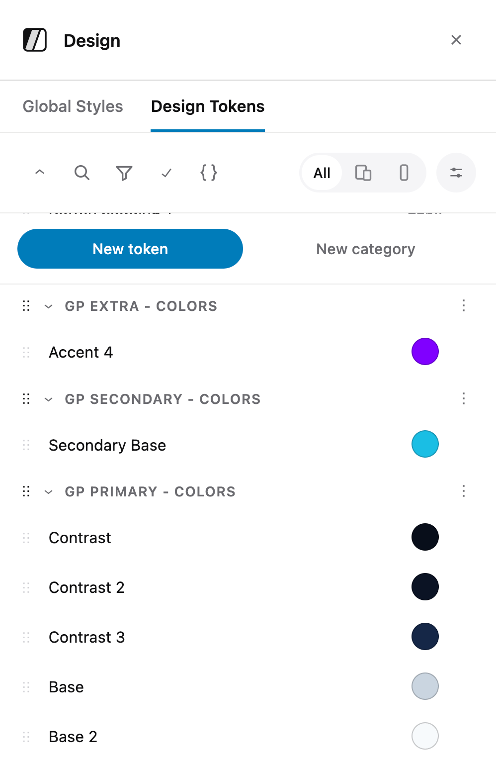 Design token list
