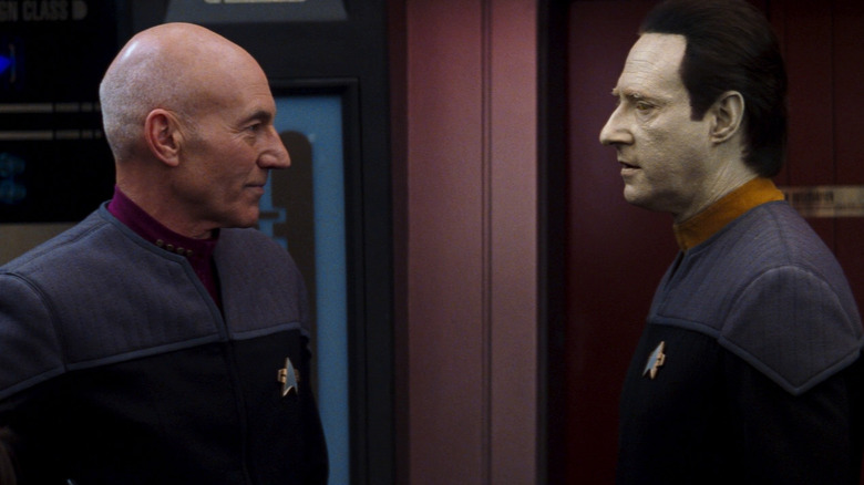 Patrick Stewart as Picard talking face to face with Brent Spiner as Data in Star Trek: Nemesis