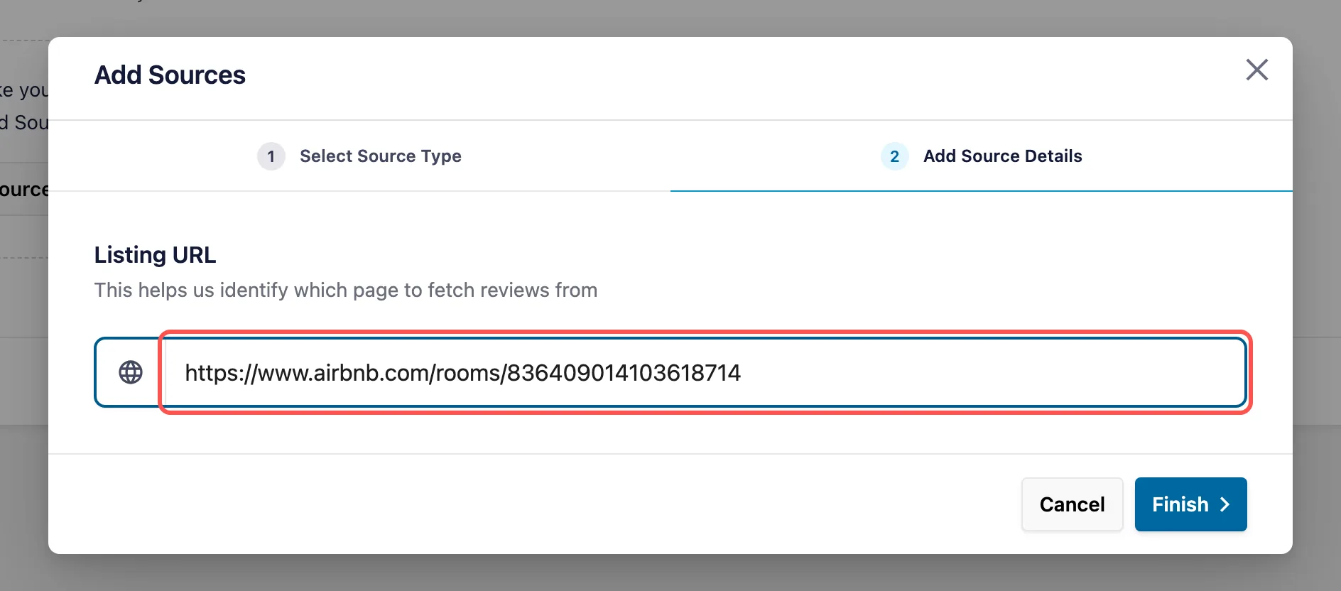Airbnb listing URL pasted into the Listing URL field with the Finish button