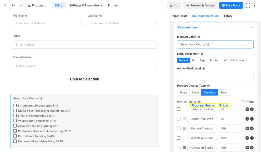 Payment Item field set to Checkbox display type showing multiple courses with prices