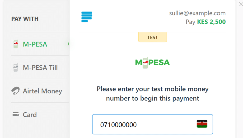 Payment interface with M-PESA options on the left and a form on the right to pay 2,500 KES; enter mobile number (Kenyan flag shown).