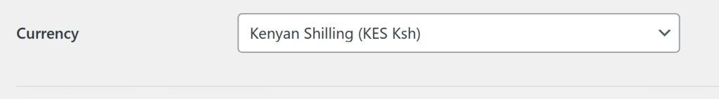 Dropdown control labeled Currency with Kenyan Shilling (KES Ksh) selected. Approaches accessibility by showing current currency choice.