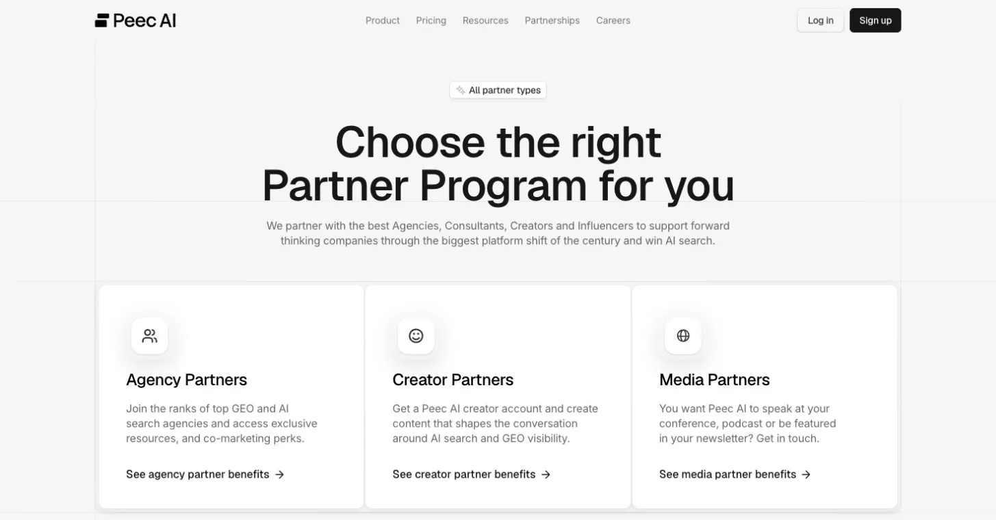 Peec AI partnership page showing separate Agency, Creator, and Media partner options.