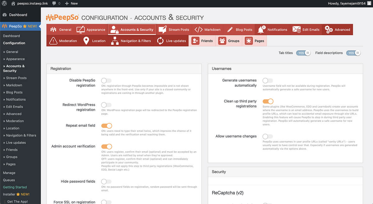 PeepSo's account and security configuration settings.