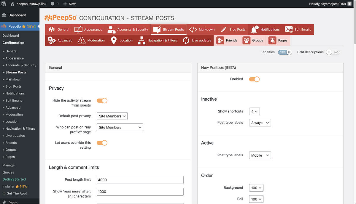 PeepSo's configuration settings for Stream Posts.