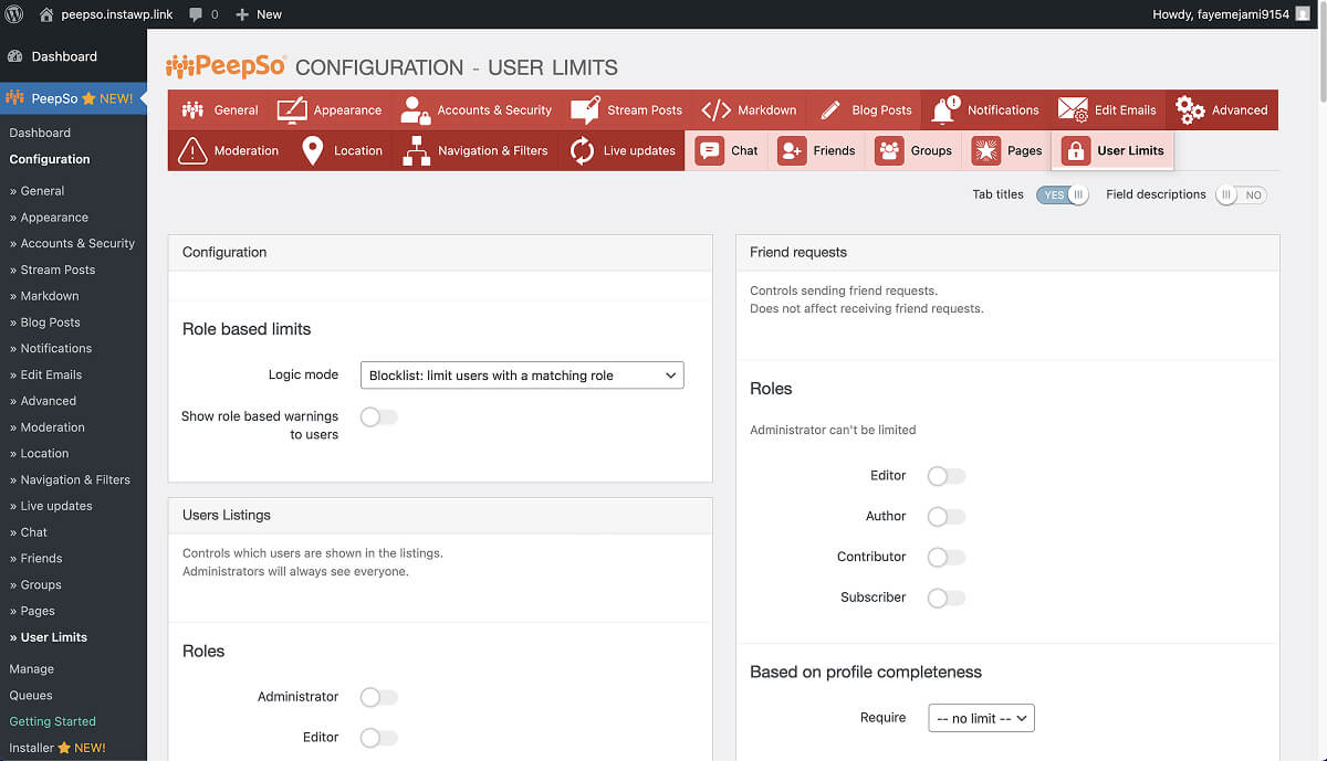 PeepSo's configuration settings for setting user limits.