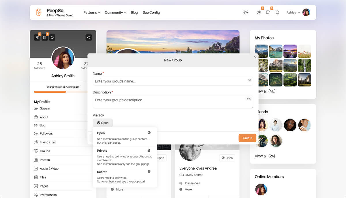 Creating a group in a PeepSo community's Groups section.