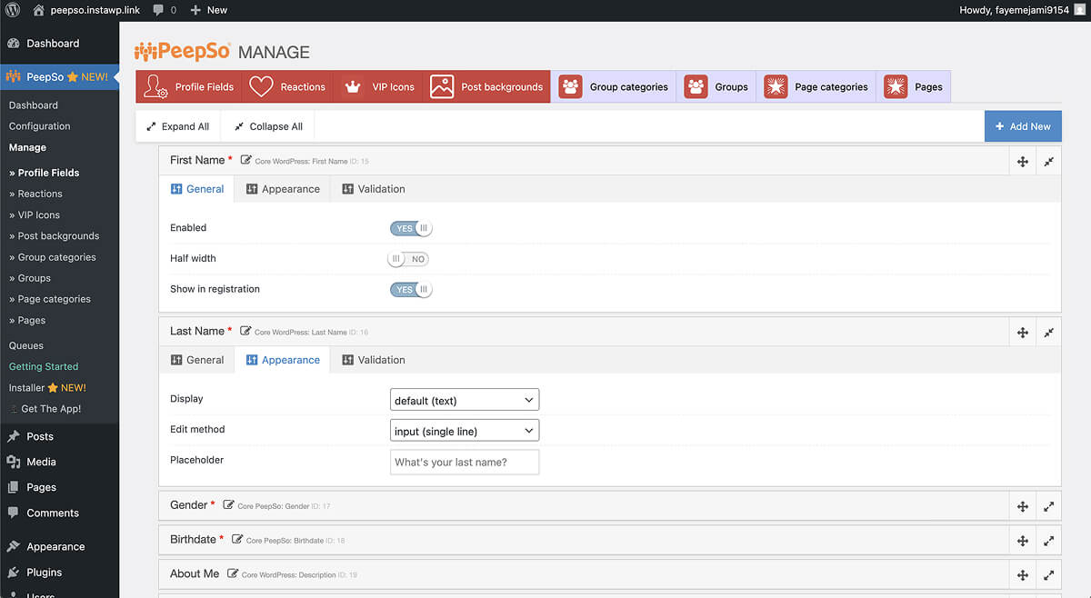 PeepSo's profile fields settings.