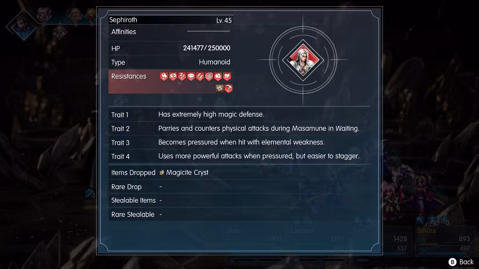 The details of Sephiroth during his first phase in Final Fantasy Resonance.