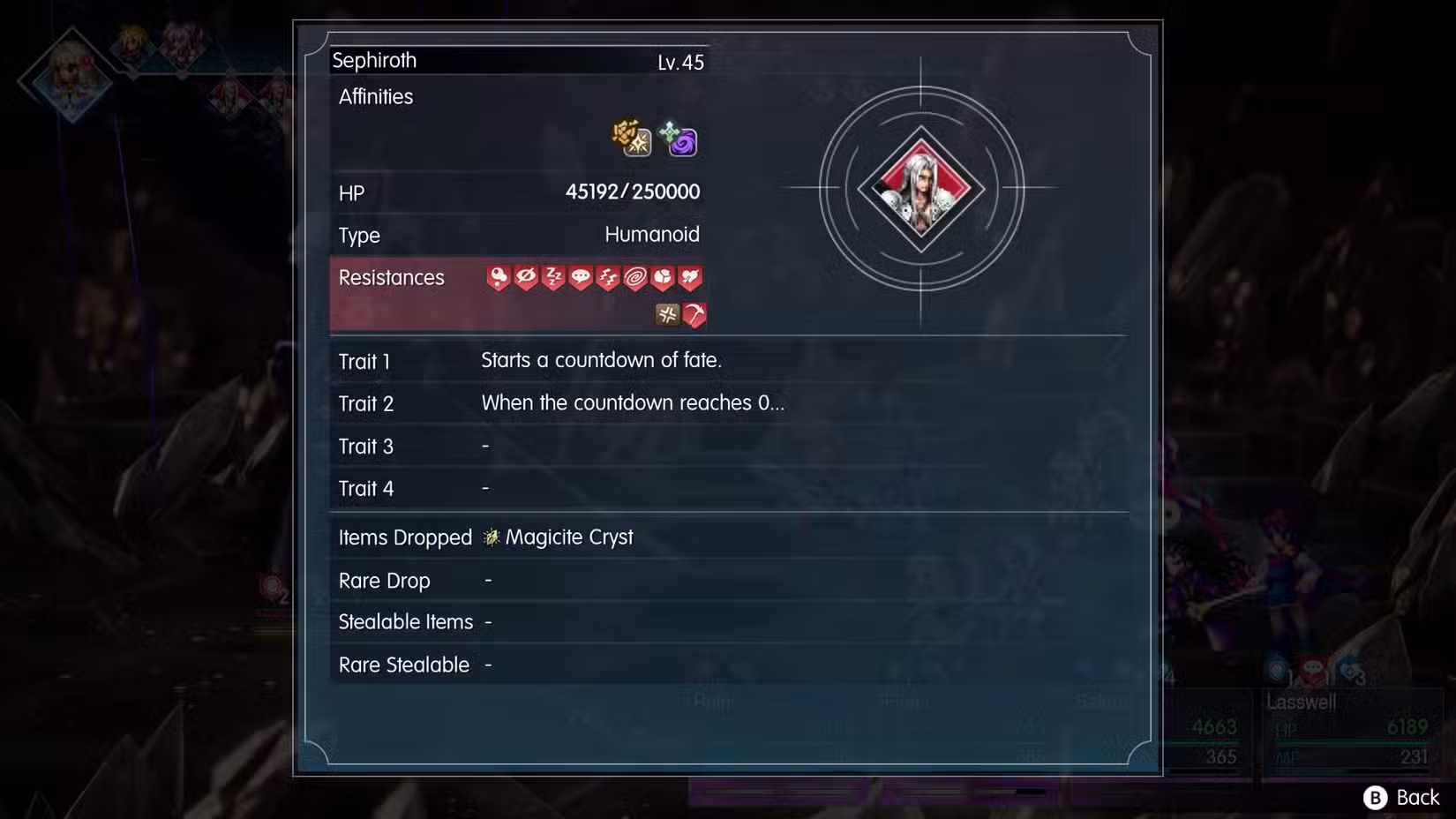 Details of Sephiorth during the third phase of his boss fight in Final Fantasy Resonance.