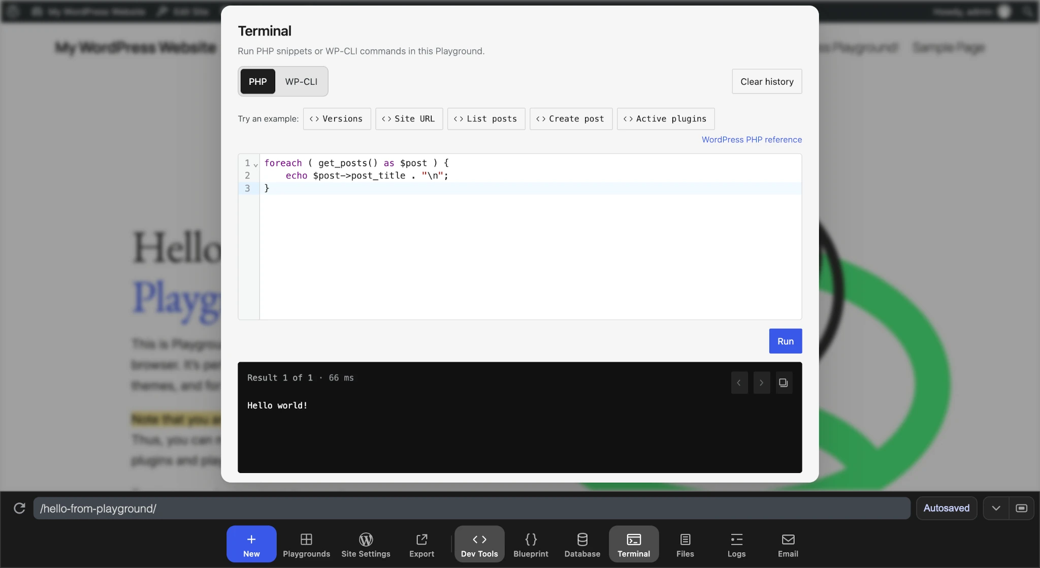 WordPress Playground site with a modal showing a built-in Terminal. It has sections to paste code and to show the result of the code.