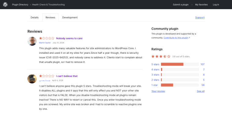 users reviews on wordpress.org