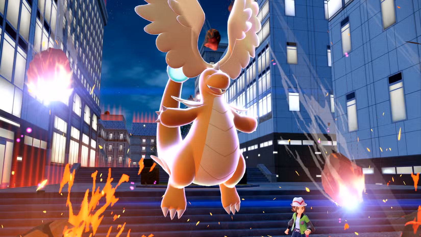 Mega Dragonite uses Draco Meteor in Lumiose City in Pokemon Legends: Z-A.